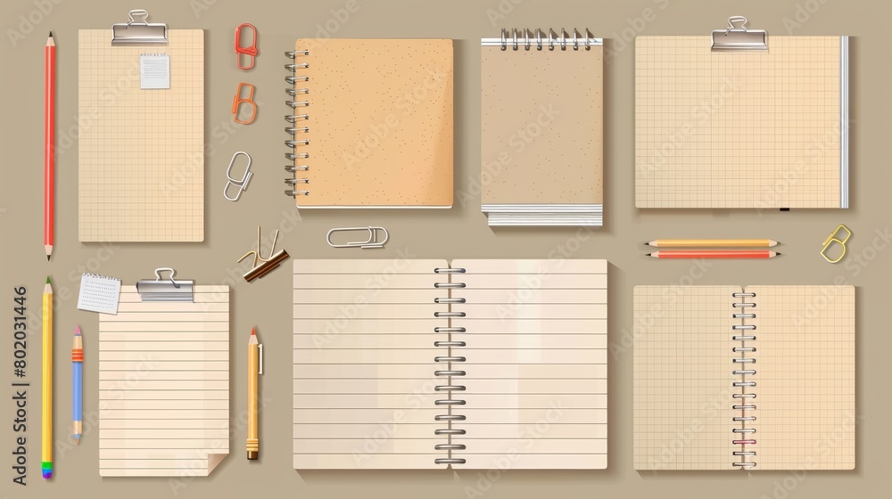 Poster notebook sheets on kraft paper with lined or dotted pages and sticky notes, clips and colored pencil