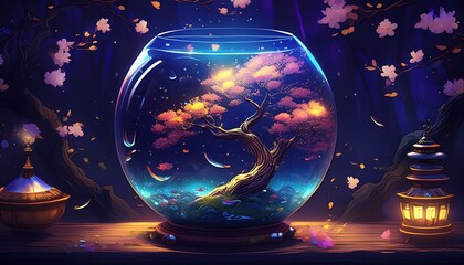 夜に煌めく感嘆すべき金魚鉢、夜桜のデザインが幻想的に存在感を程よく表すイラスト generated by AI