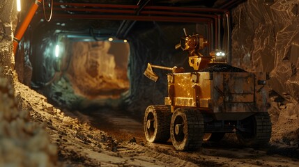 Fototapeta premium A robotic machine full of coal is walking through the mine