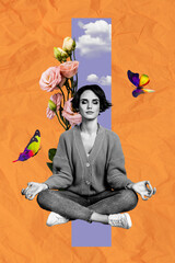 Fototapeta premium Trend artwork composite sketch image 3D photo collage of young lady keep calm meditate zen om gesture hands rose flower butterfly