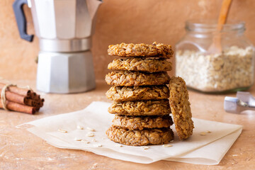 Homemade oatmeal cookies. Bakery. Vegetarian food. Healthy breakfast.