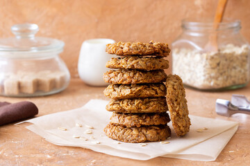 Homemade oatmeal cookies. Bakery. Vegetarian food. Healthy breakfast.