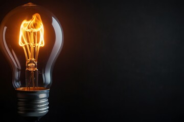 Light bulb with burning filament on dark background, closeup. Idea concept