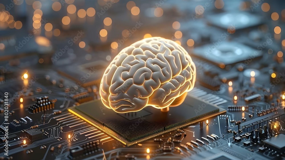 Poster human brain and glowing processor symbolize fusion of intelligence and technology evolution . concep