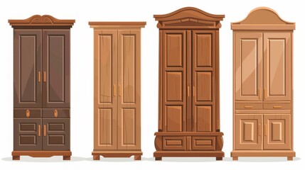 The wooden wardrobe, cabinets for bedroom interior are isolated on a white background. There are doors and drawers on the wardrobes and cabinets.