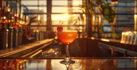 Bar table with a cocktail, focus on the drink, luxury details, golden hour backlight. Generative AI.