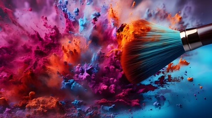 Makeup Brush with Colorful Powder Explosion,
Vibrant Background for Cosmetic Themes, Hand Edited Generative AI