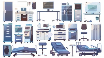 An interior scene from a clinic ward or chamber, with items like a bed, a life support system, a computer, chairs and lockers for medicine, a wheeled table and a holder for a medical dropper, and