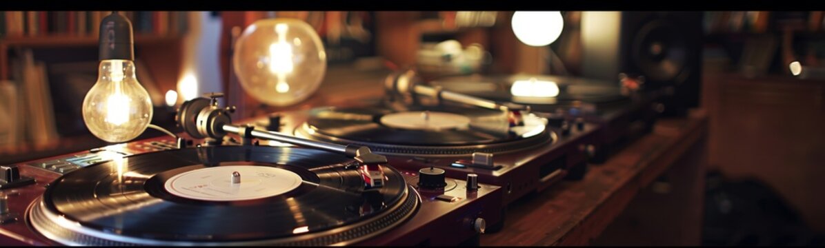 Record player sitting on top of a turntable. Music theme background . Banner