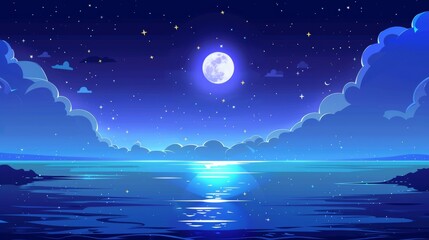 Animated cartoon landing page of a romantic promenade at midnight in the cityscape of a full moon, stars, and fluffy clouds.
