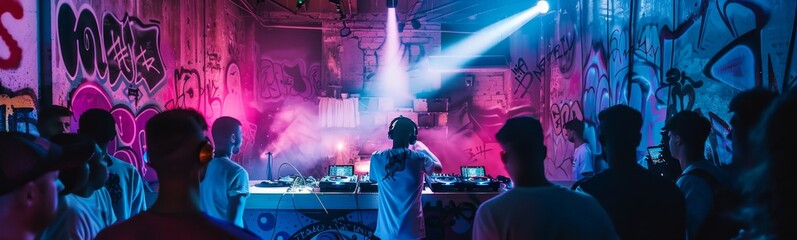 Many people standing in a room with graffiti on the walls. Dj party background. Banner