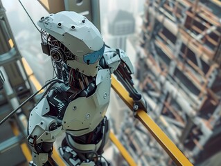 Fototapeta premium A humanoid white construction robot stands on scaffolding and looks at a skyscraper under construction