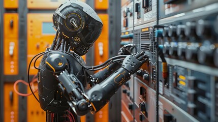 A humanoid black electrician robot is working in the server room
