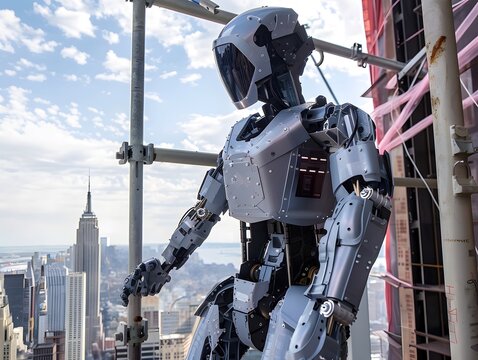 A humanoid robot builder stands on scaffolding and looks down at the city from a height