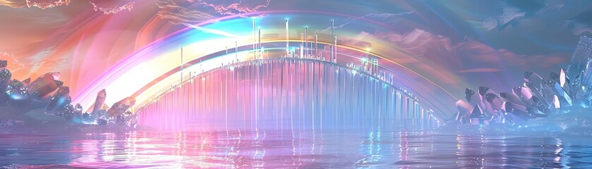 Rainbow arch and crystal bridge with light refraction, visualizing a fantastical bridge crafted from crystal, bending light into a spectrum