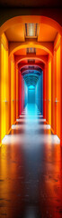 The image shows a long, brightly lit hallway with a blue light at the end. The walls are lined with orange arches.