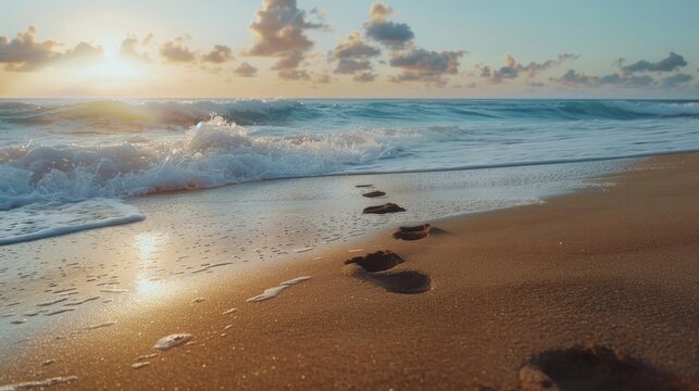 A captivating image of a surfer's footprints in the sand, leading towards the crashing waves, symbolizing the journey and connection with the ocean on International Surfing Day.