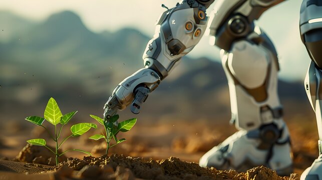 The robot arm evaluates the condition of seedlings in the desert