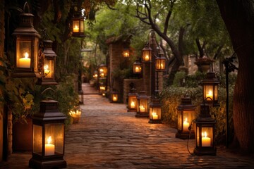 Naklejka premium Outdoor candle lanterns lighting a path.