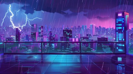 Rooftop terrace at night during a storm, view from an empty patio on a roof with railing, cityscape background with skyscrapers and modern buildings, cartoon modern illustration.