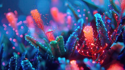 Fototapeta premium Circuit forest illuminated by neon glow, with digital fauna roaming amidst the electronic flora