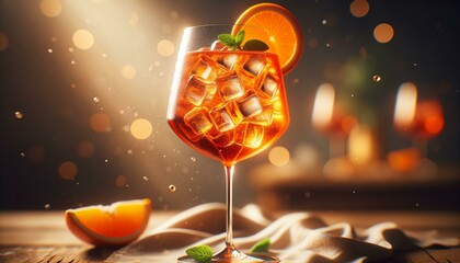 Illustration of an Aperol Spritz cocktail on a wooden table in a bar.	