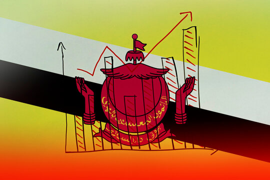 Brunei bar chart graph with ups and downs, Brunei country flag with bar graph, news banner idea