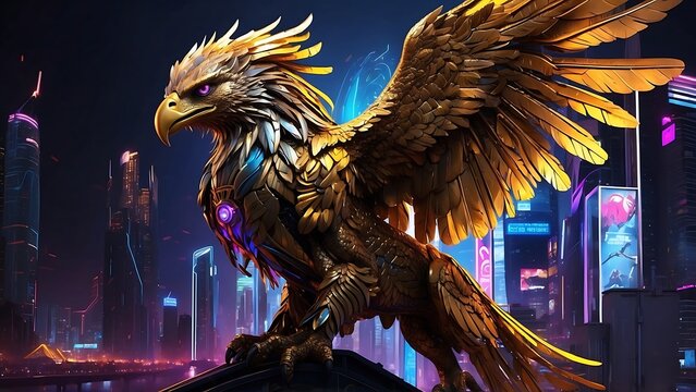 golden eagle on the background of skyscrapers