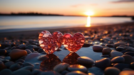Two glass red hearts on a sandy beach against the backdrop of a sunset at sea. Romantic symbol of love. - obrazy, fototapety, plakaty