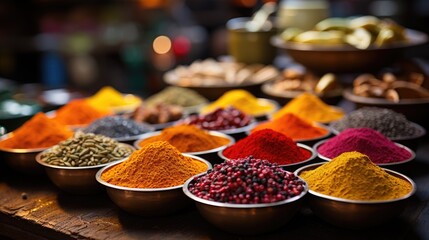 Fragrant bright multi-colored spices of Asian cuisine lie on a wooden table. Theme of aromatic seasonings from around the world.