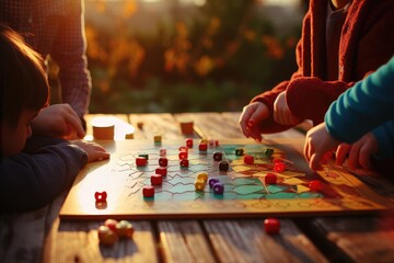 Close-up of a family playing a holiday board game outdoors.