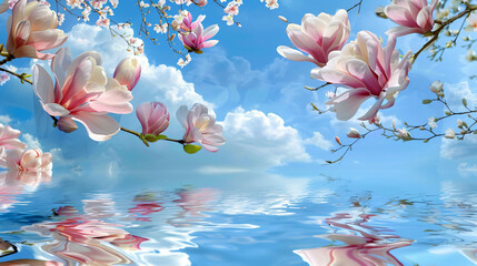 Beautiful spring collage with magnolia flowers and blu