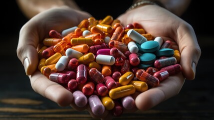 A woman holds a handful of multi-colored pills in her palms. Theme of medicine and pharmacology.