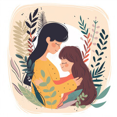 Colorful illustration of Mother and daughter hugging and abstract leaves pattern in background - ai generative