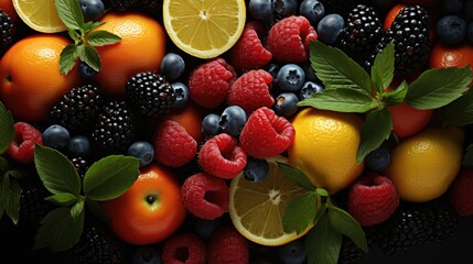 Close-up of delicious and fresh fruits and berries. Proper and healthy nutrition.