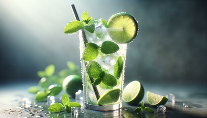 Mojito cocktail with lime, mint and ice cubes, on grey background. Summer refreshing beverage.