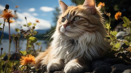 Naklejka na ściany i meble A beautiful adult fluffy cat sits on the grass in an autumn forest clearing. Favorite pets. Bright colorful wallpaper.