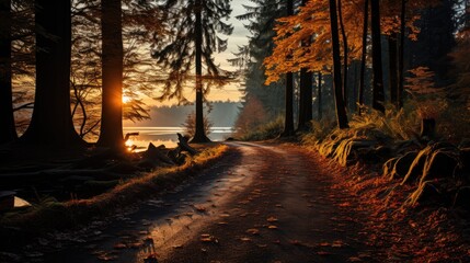 Obraz premium Beautiful autumn road stretching into the distance. Golden forest with orange and yellow leaves.