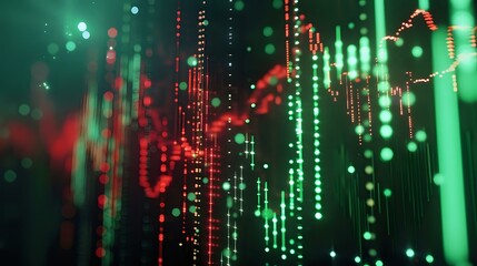 Fototapeta premium green and red crypto graph candles powered by neon illumination on dark background