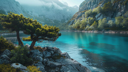 A beautiful mountain lake with a tree in the foreground