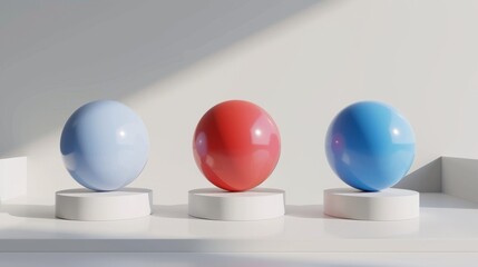 Three vibrant balls placed on individual white pedestals. Background. Wallpaper.