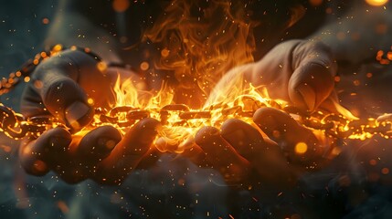 Man's Hands Breaking Glowing Fire Chains Struggle and Determination Concept