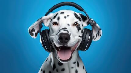 Dalmatian dog wearing headphones making funny face