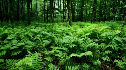Forest Ferns Midsummer Night Scene - Green Foliage in Natural Setting