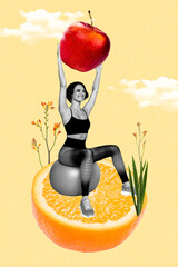 Naklejka premium Composite 3D photo collage image of young happy lady yoga training pilates hold in hand huge apple half orange flower spring season