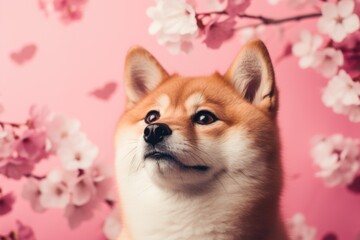 Dog sitting in front of pink background