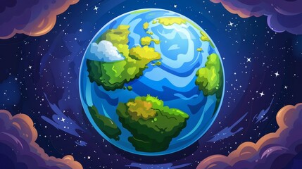 Flyer with cartoon illustration of planet with green continents and blue ocean in the cosmos. Story of the Earth poster with sphere of planet in outer space with stars. - obrazy, fototapety, plakaty