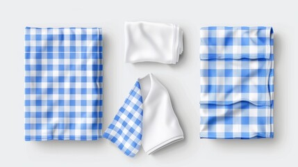Modern realistic set of 3d folded tablecloths with plaid pattern and linen napkins isolated on white background with gingham tablecloths and white kitchen towels.