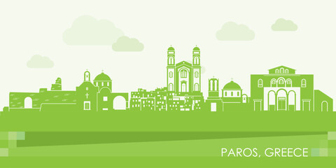 Green Skyline panorama of Paros island, Cyclades, Greece - vector illustration