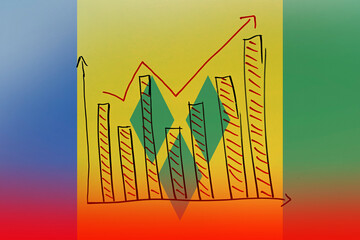 Saint Vincent And G. bar chart graph with ups and downs, upward rising arrow on data, developing 